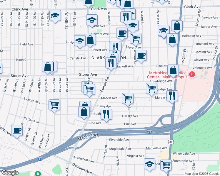 map of restaurants, bars, coffee shops, grocery stores, and more near 3808 Woodbridge Avenue in Cleveland