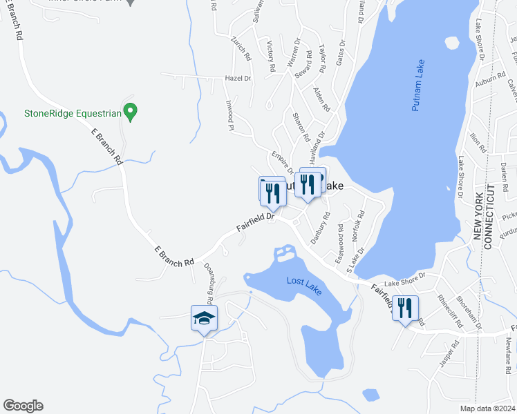 map of restaurants, bars, coffee shops, grocery stores, and more near 60 Fairfield Drive in Patterson