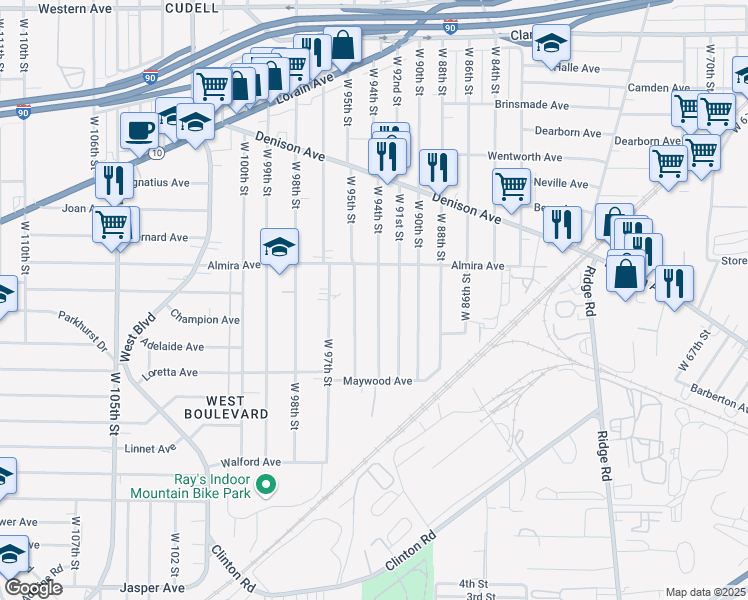 map of restaurants, bars, coffee shops, grocery stores, and more near 3406 West 94th Street in Cleveland