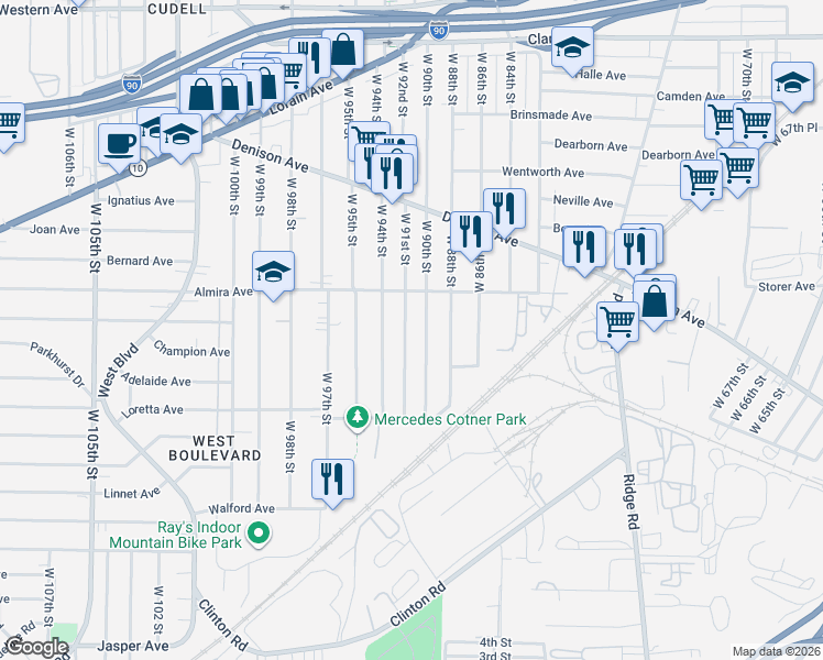map of restaurants, bars, coffee shops, grocery stores, and more near 3388 West 91st Street in Cleveland