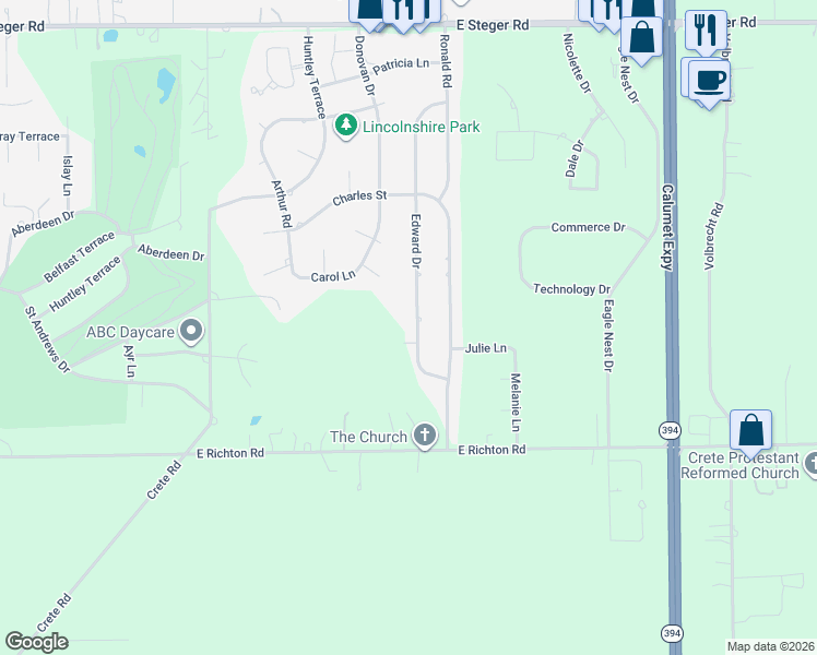 map of restaurants, bars, coffee shops, grocery stores, and more near 3656 Edward Drive in Crete