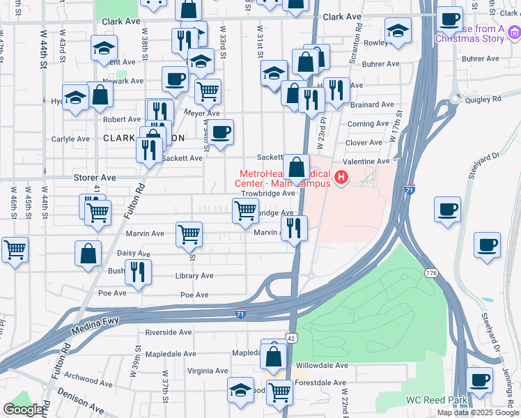 map of restaurants, bars, coffee shops, grocery stores, and more near 3121 Trowbridge Avenue in Cleveland