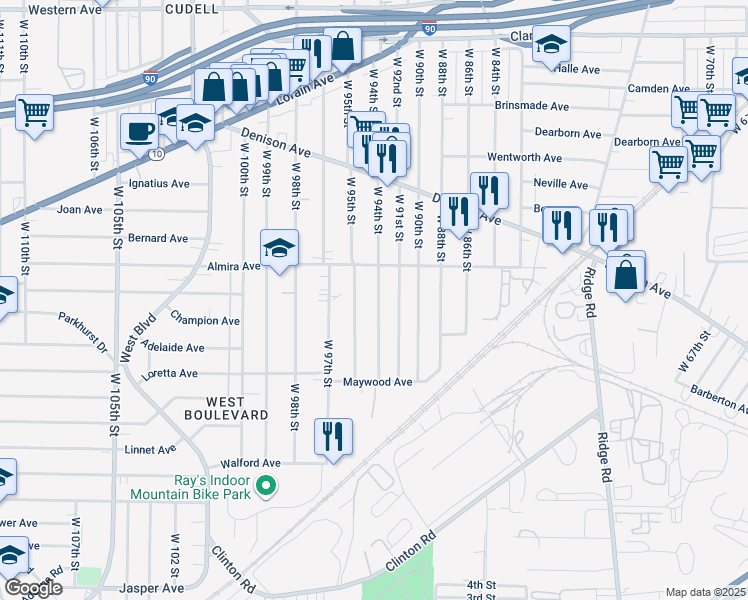 map of restaurants, bars, coffee shops, grocery stores, and more near 3406 West 94th Street in Cleveland
