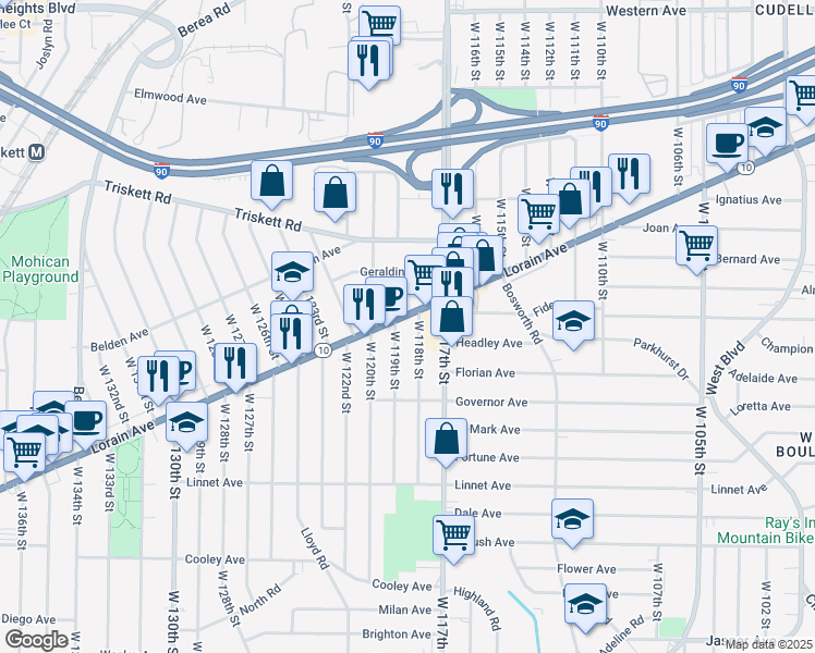 map of restaurants, bars, coffee shops, grocery stores, and more near 11906 Lorain Avenue in Cleveland