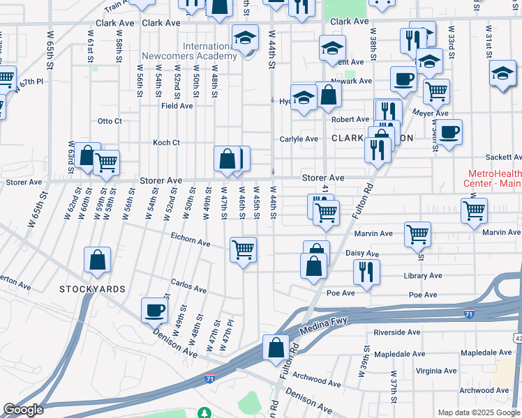map of restaurants, bars, coffee shops, grocery stores, and more near 3413 West 45th Street in Cleveland