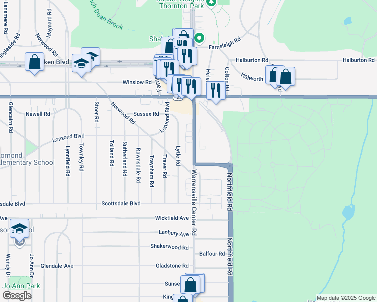 map of restaurants, bars, coffee shops, grocery stores, and more near 3630 Warrensville Center Road in Shaker Heights