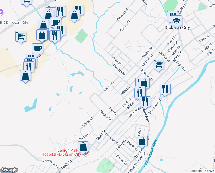 map of restaurants, bars, coffee shops, grocery stores, and more near 647 Laurel Street in Dickson City