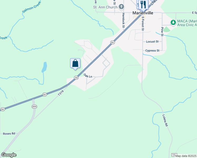 map of restaurants, bars, coffee shops, grocery stores, and more near 10 Oak Lane in Forest