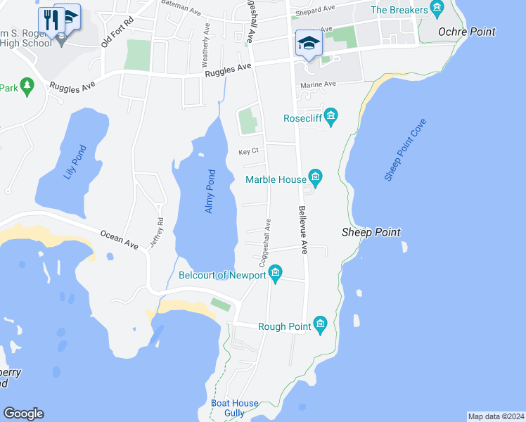 map of restaurants, bars, coffee shops, grocery stores, and more near 173 Coggeshall Avenue in Newport