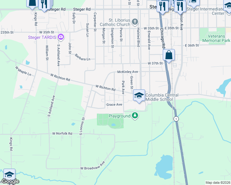 map of restaurants, bars, coffee shops, grocery stores, and more near 137 West Richton Road in Steger