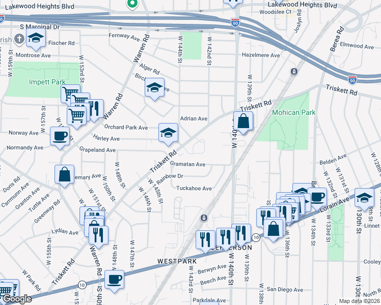 map of restaurants, bars, coffee shops, grocery stores, and more near 14411 Rainbow Avenue in Cleveland
