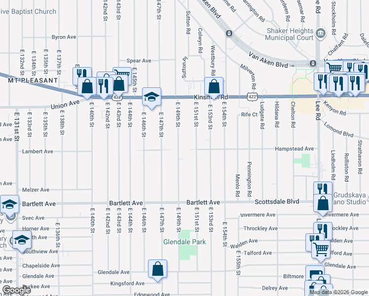 map of restaurants, bars, coffee shops, grocery stores, and more near 3602 East 151st Street in Cleveland
