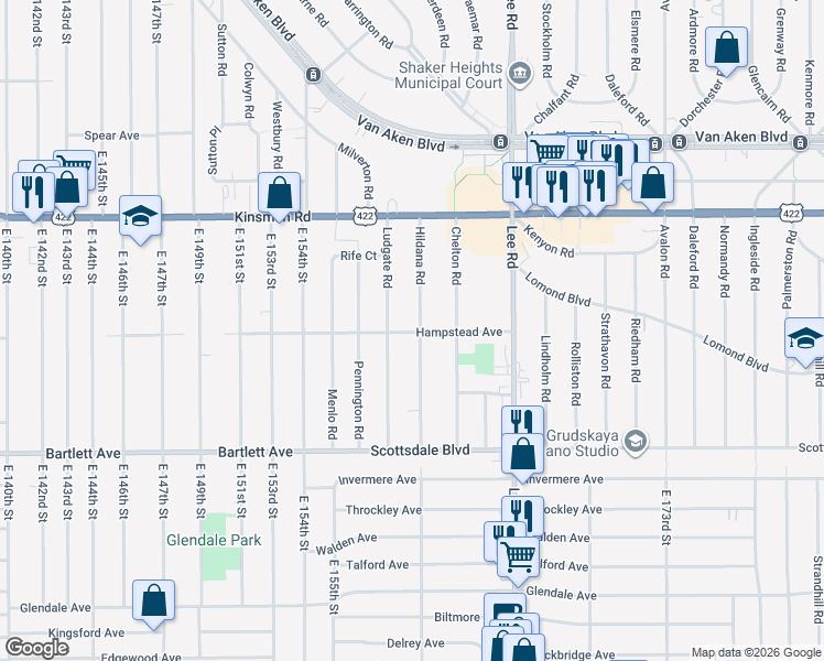 map of restaurants, bars, coffee shops, grocery stores, and more near 3603 Hildana Road in Shaker Heights
