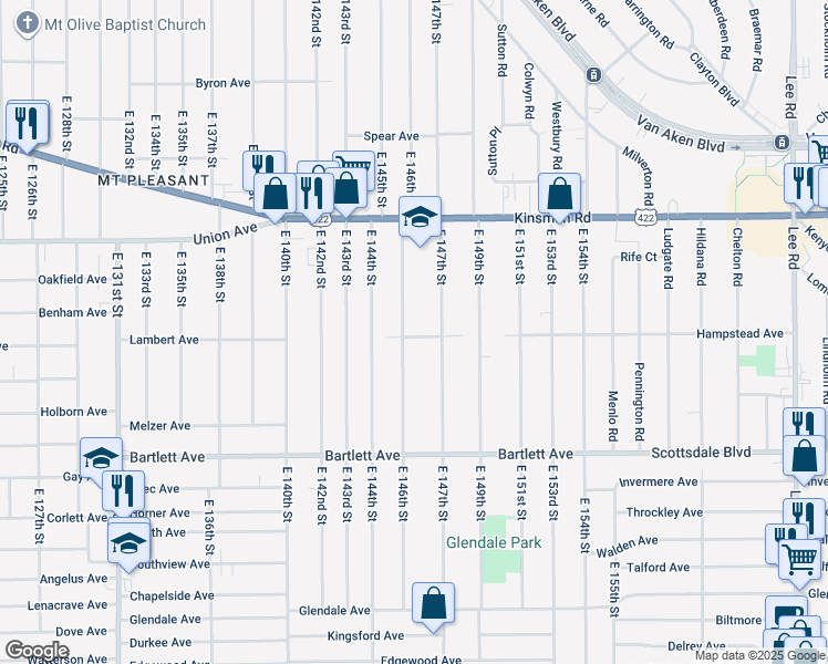 map of restaurants, bars, coffee shops, grocery stores, and more near 3598 East 147th Street in Cleveland