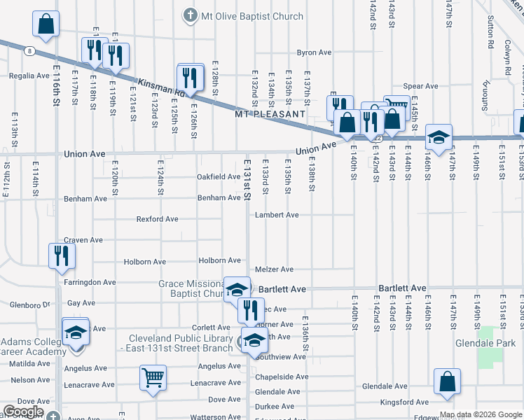 map of restaurants, bars, coffee shops, grocery stores, and more near 3581 East 131st Street in Cleveland
