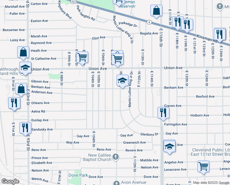 map of restaurants, bars, coffee shops, grocery stores, and more near 3568 East 110th Street in Cleveland