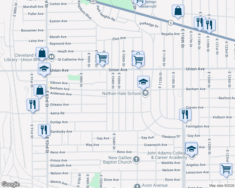 map of restaurants, bars, coffee shops, grocery stores, and more near 3576 East 105th Street in Cleveland