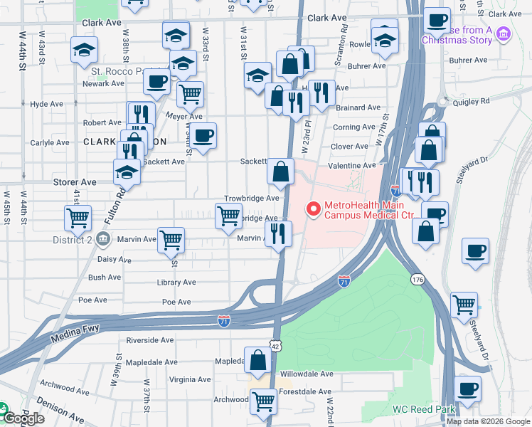 map of restaurants, bars, coffee shops, grocery stores, and more near 3017 Trowbridge Avenue in Cleveland