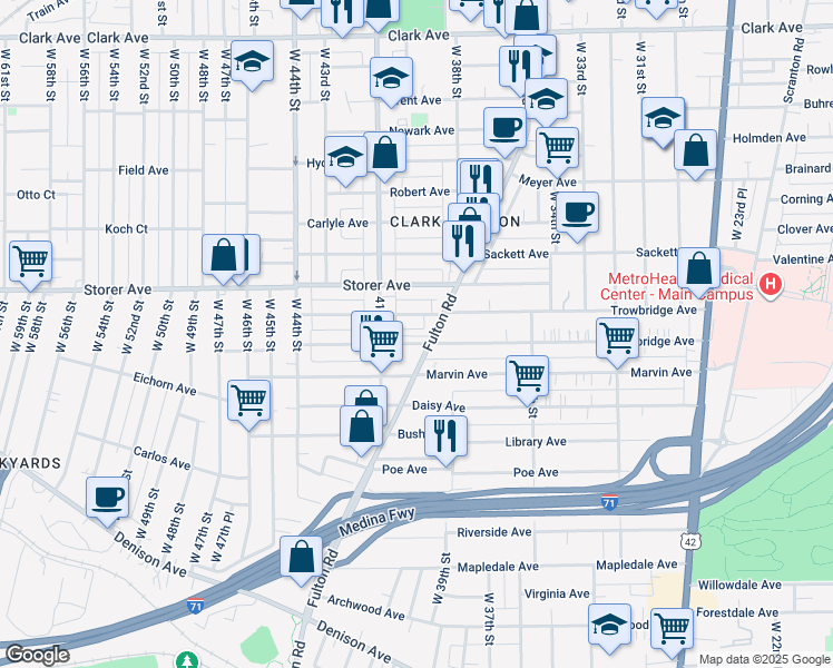 map of restaurants, bars, coffee shops, grocery stores, and more near 4015 Trowbridge Avenue in Cleveland