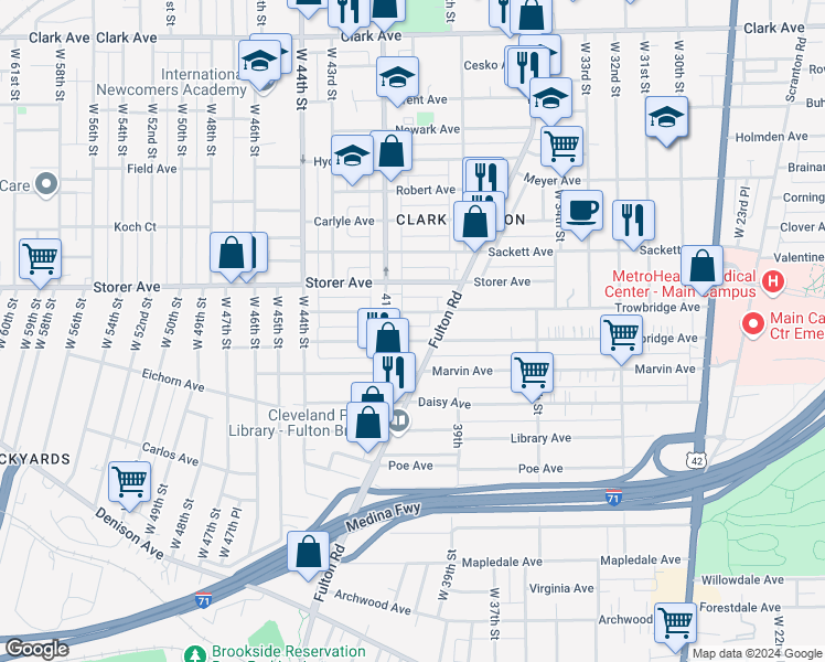 map of restaurants, bars, coffee shops, grocery stores, and more near 4015 Trowbridge Avenue in Cleveland