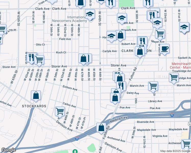 map of restaurants, bars, coffee shops, grocery stores, and more near 3413 West 45th Street in Cleveland