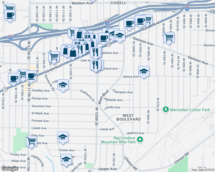 map of restaurants, bars, coffee shops, grocery stores, and more near 10402 Fidelity Avenue in Cleveland