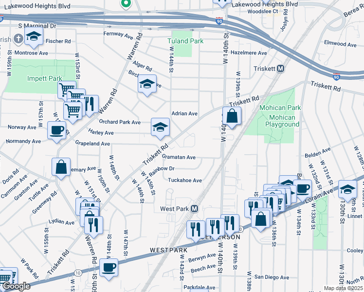 map of restaurants, bars, coffee shops, grocery stores, and more near 14411 Rainbow Avenue in Cleveland
