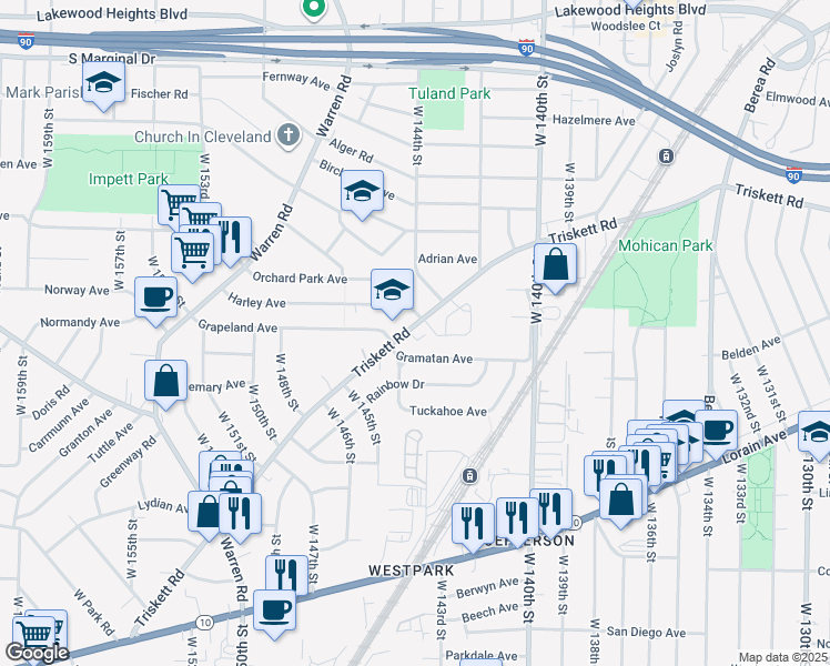 map of restaurants, bars, coffee shops, grocery stores, and more near 14436 Triskett Road in Cleveland