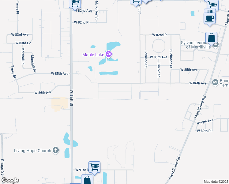 map of restaurants, bars, coffee shops, grocery stores, and more near 1834 West 86th Lane in Merrillville