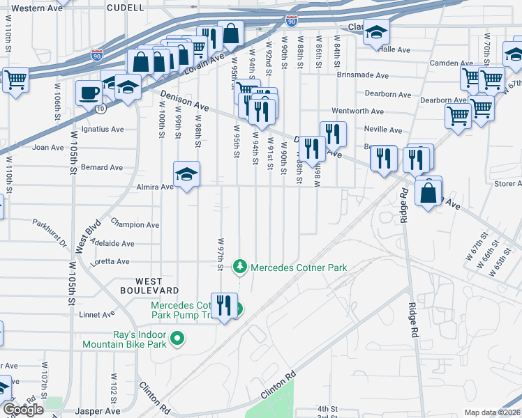 map of restaurants, bars, coffee shops, grocery stores, and more near 3388 West 91st Street in Cleveland