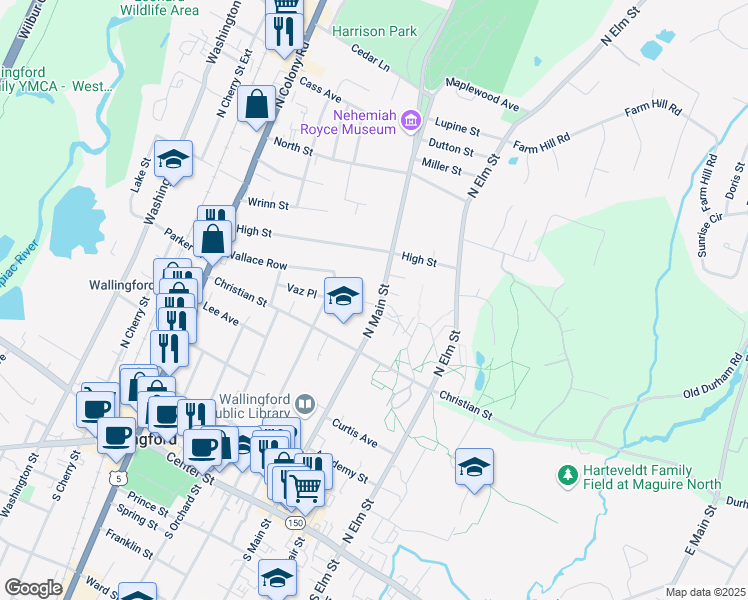 map of restaurants, bars, coffee shops, grocery stores, and more near 390 North Main Street in Wallingford