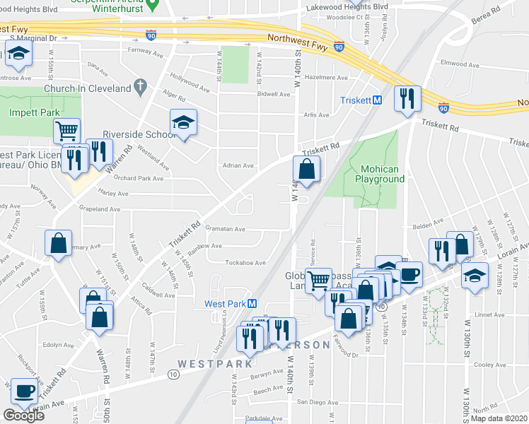 map of restaurants, bars, coffee shops, grocery stores, and more near 14403 Triskett Road in Cleveland