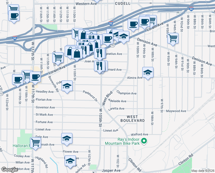 map of restaurants, bars, coffee shops, grocery stores, and more near 10402 Fidelity Avenue in Cleveland