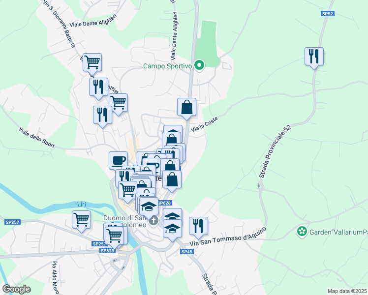 map of restaurants, bars, coffee shops, grocery stores, and more near 18A Via Giovan Battista Bernadotte in Pontecorvo