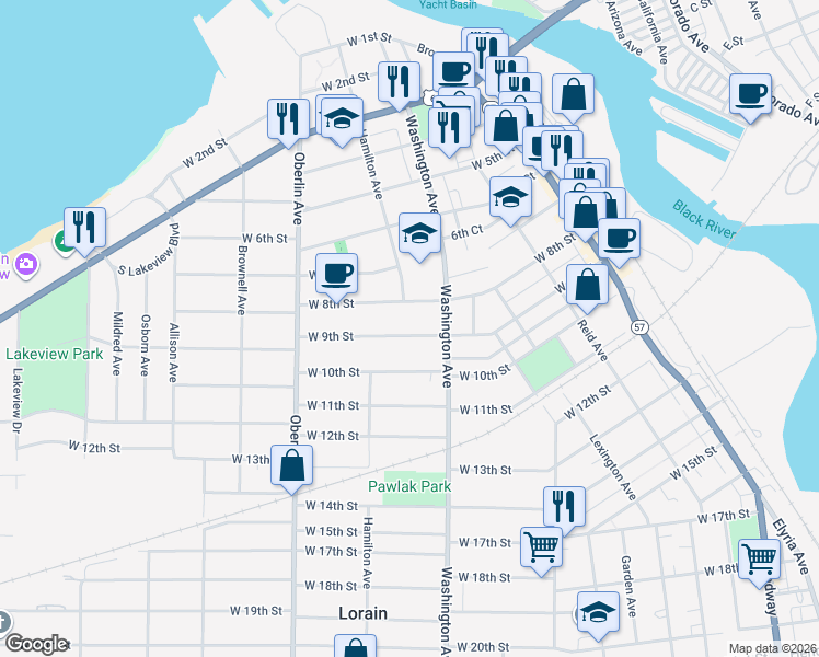 map of restaurants, bars, coffee shops, grocery stores, and more near 1030 West 9th Street in Lorain