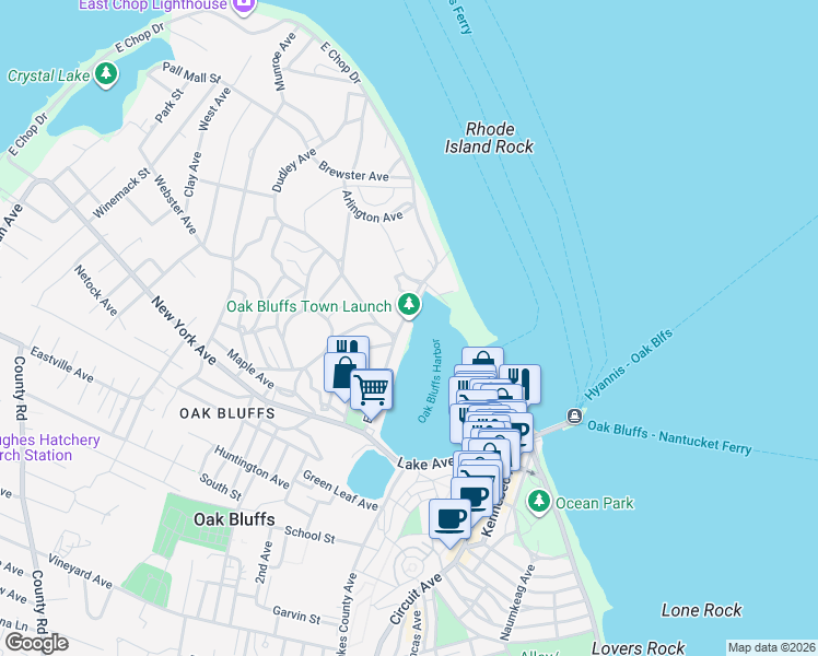 map of restaurants, bars, coffee shops, grocery stores, and more near 209 Massachusetts Avenue in Oak Bluffs