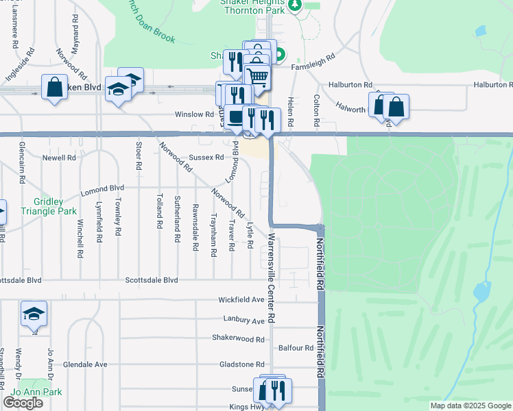 map of restaurants, bars, coffee shops, grocery stores, and more near 3607 Lytle Road in Shaker Heights
