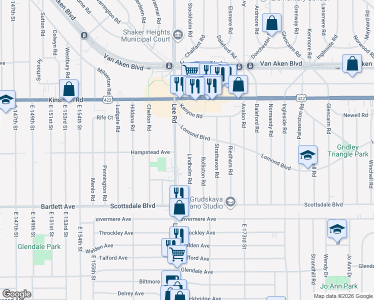 map of restaurants, bars, coffee shops, grocery stores, and more near 3602 Lindholm Road in Shaker Heights