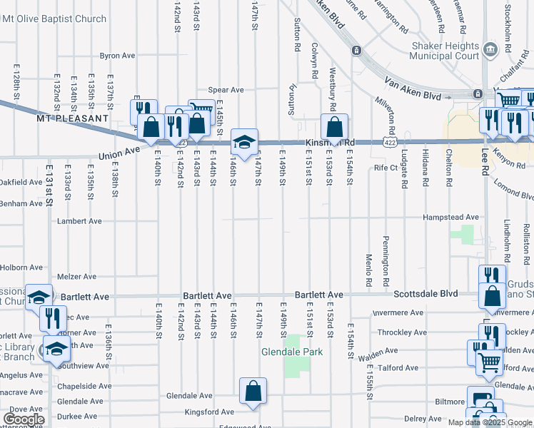 map of restaurants, bars, coffee shops, grocery stores, and more near 3602 East 149th Street in Cleveland