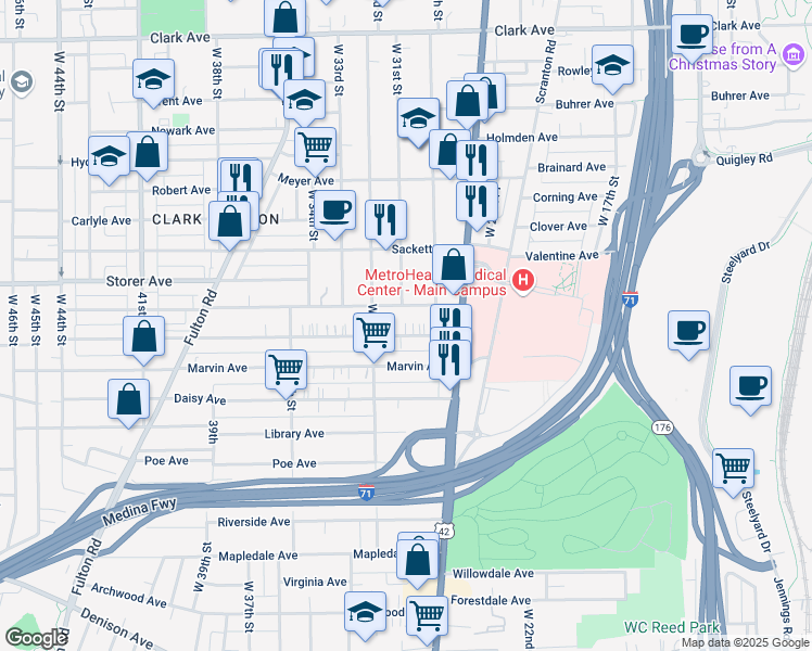 map of restaurants, bars, coffee shops, grocery stores, and more near 3121 Trowbridge Avenue in Cleveland