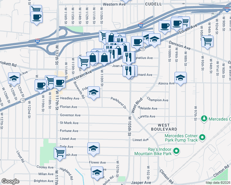 map of restaurants, bars, coffee shops, grocery stores, and more near 10702 Fidelity Avenue in Cleveland