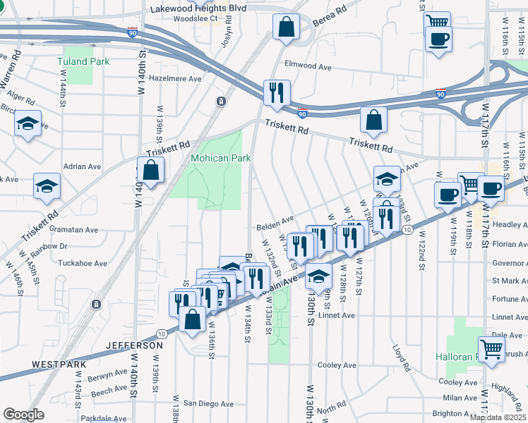 map of restaurants, bars, coffee shops, grocery stores, and more near 3341 Berea Road in Cleveland
