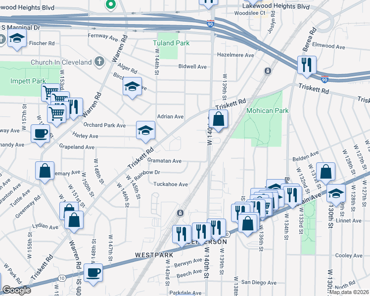 map of restaurants, bars, coffee shops, grocery stores, and more near 14403 Triskett Road in Cleveland