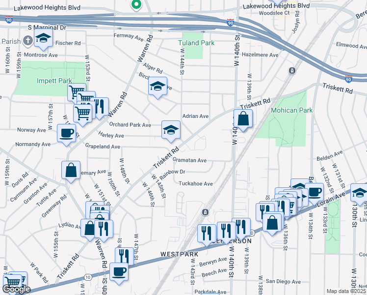 map of restaurants, bars, coffee shops, grocery stores, and more near 14436 Triskett Road in Cleveland