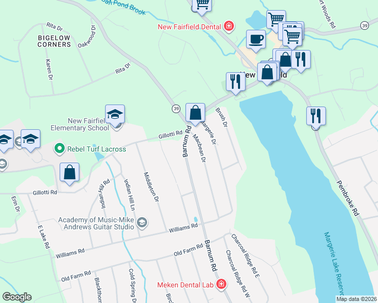 map of restaurants, bars, coffee shops, grocery stores, and more near 3 Barnum Road in New Fairfield