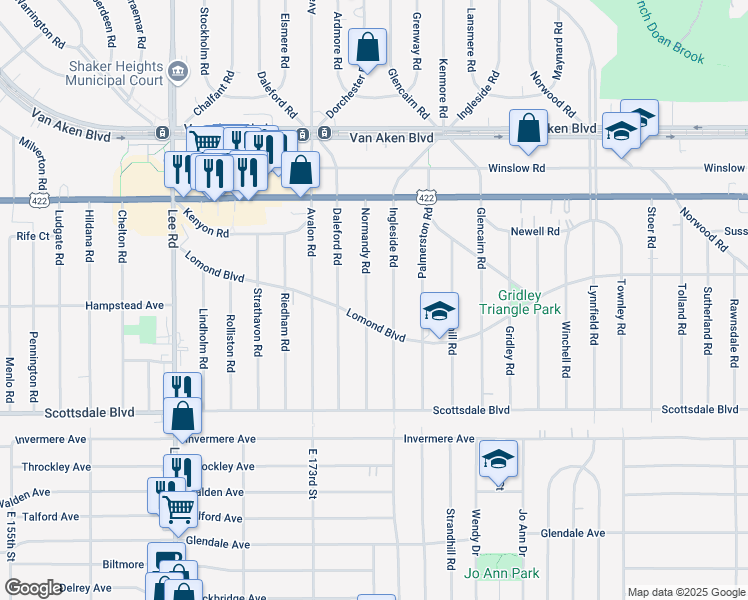 map of restaurants, bars, coffee shops, grocery stores, and more near 3617 Normandy Road in Shaker Heights
