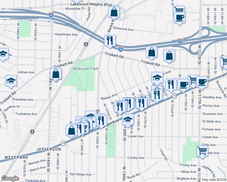 map of restaurants, bars, coffee shops, grocery stores, and more near 3347 West 131st Street in Cleveland