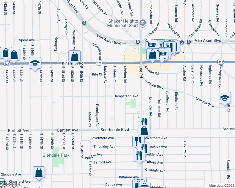 map of restaurants, bars, coffee shops, grocery stores, and more near 3613 Hildana Road in Shaker Heights