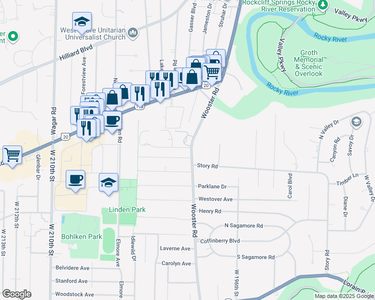 map of restaurants, bars, coffee shops, grocery stores, and more near 3440 Wooster Road in Rocky River