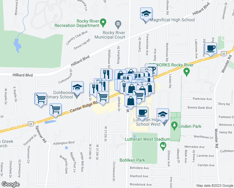 map of restaurants, bars, coffee shops, grocery stores, and more near Center Ridge Rd & Glenbar Dr in Fairview Park